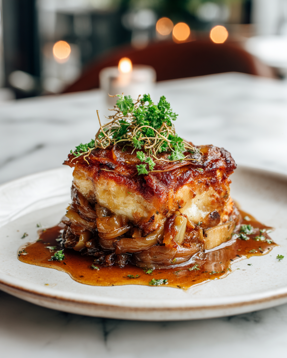 Ragoût de poulet et d'oignon, un plat réconfortant pour l'automne, préparé avec des cuisses de poulet, des oignons caramélisés et un bouillon riche.
