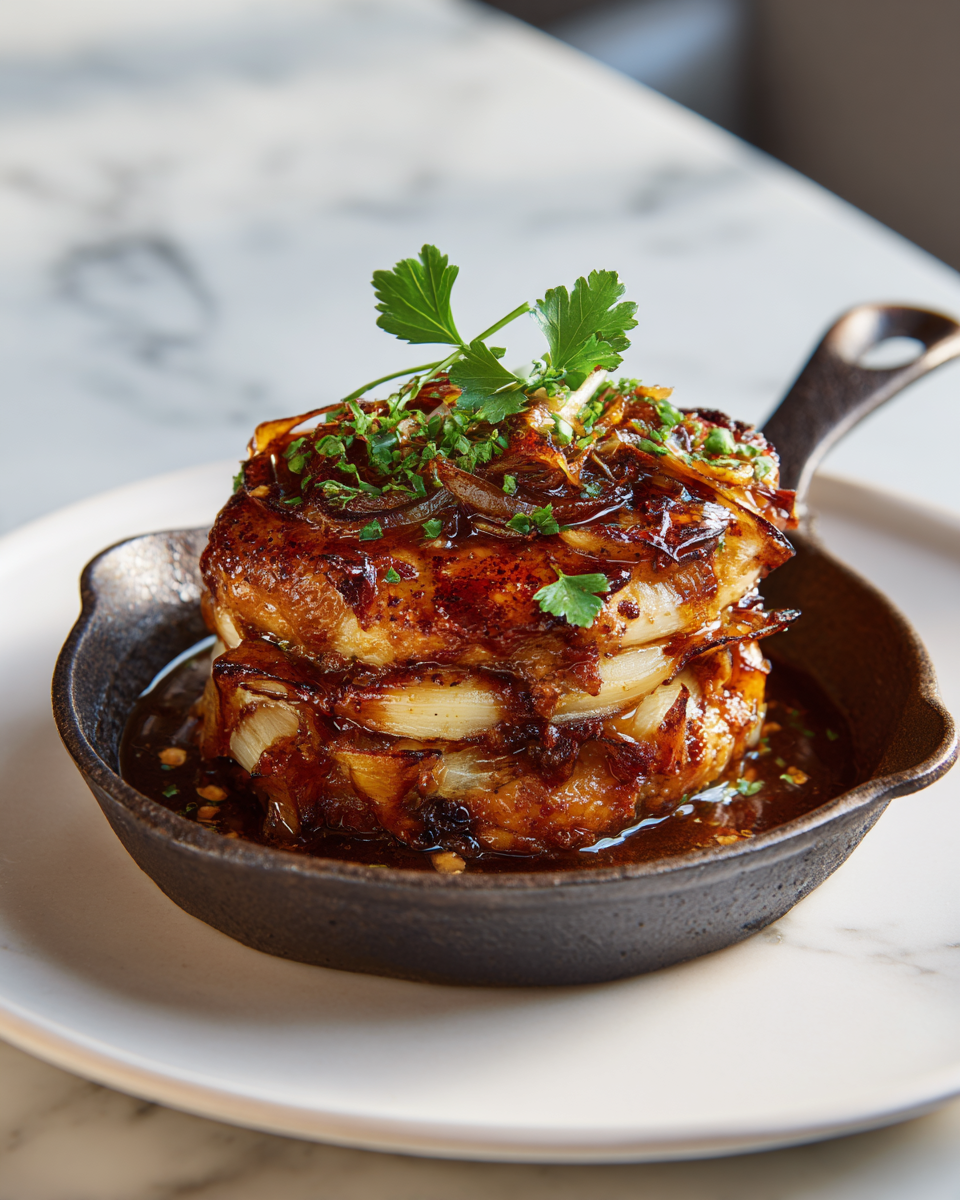 Ragoût de poulet et d'oignon, un plat réconfortant pour l'automne, préparé avec des cuisses de poulet, des oignons caramélisés et un bouillon riche.