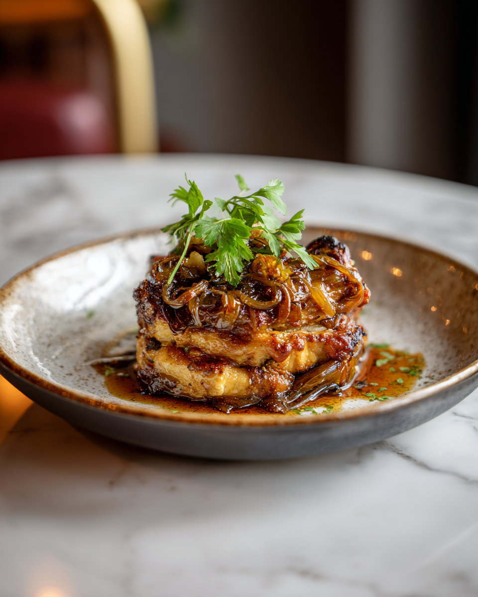 Ragoût de poulet et d'oignon, un plat réconfortant pour l'automne, préparé avec des cuisses de poulet, des oignons caramélisés et un bouillon riche.