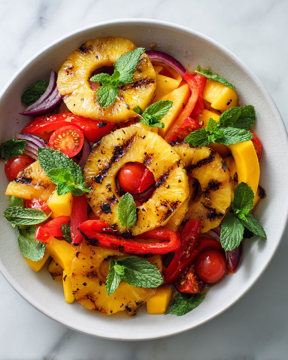 Salade de mangue et ananas grillés, plat estival frais et coloré, parfait pour les barbecues d'été