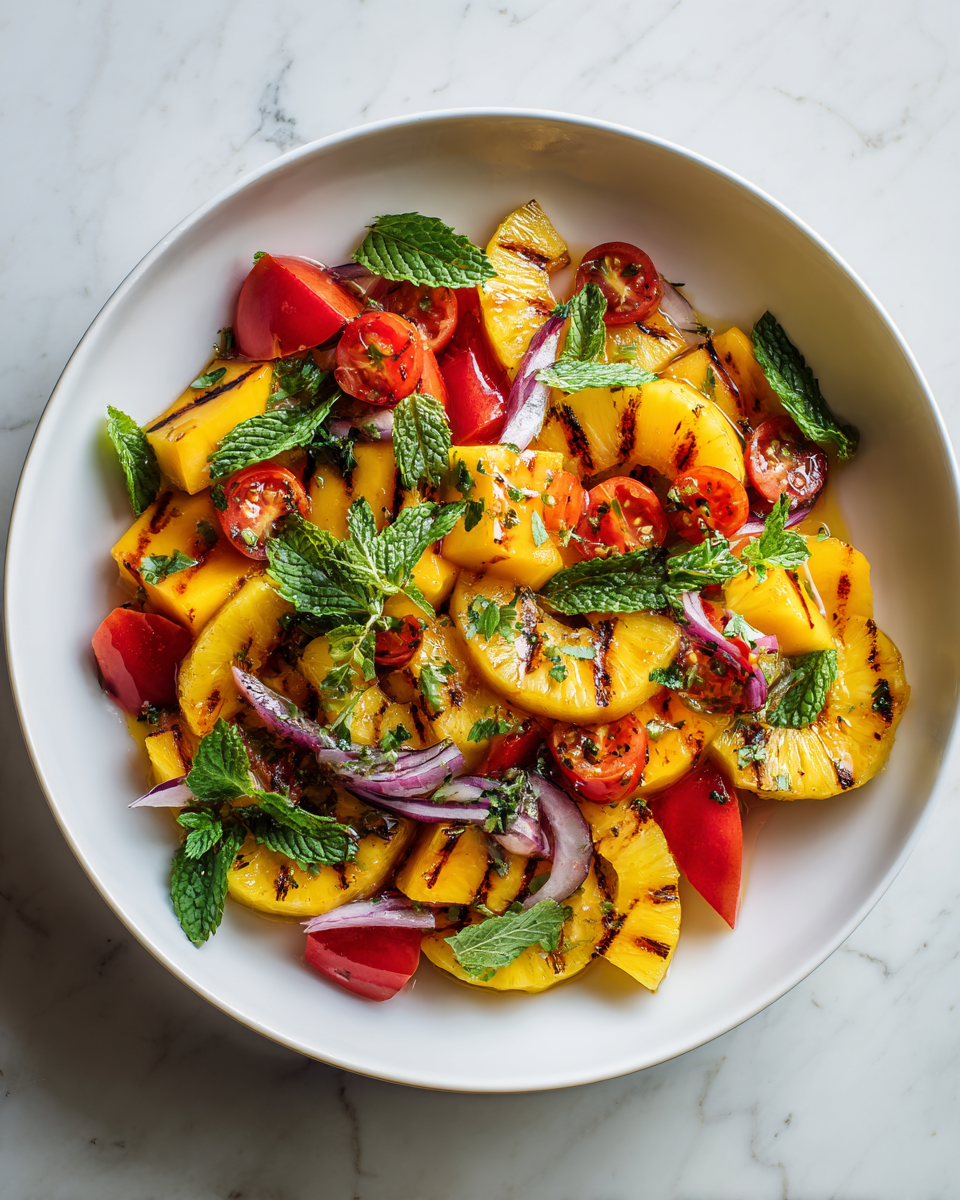 Savoureuse Salade de Mangue et Ananas Grillés pour l'Été Salade de mangue et ananas grillés, plat estival frais et coloré, parfait pour les barbecues d'été