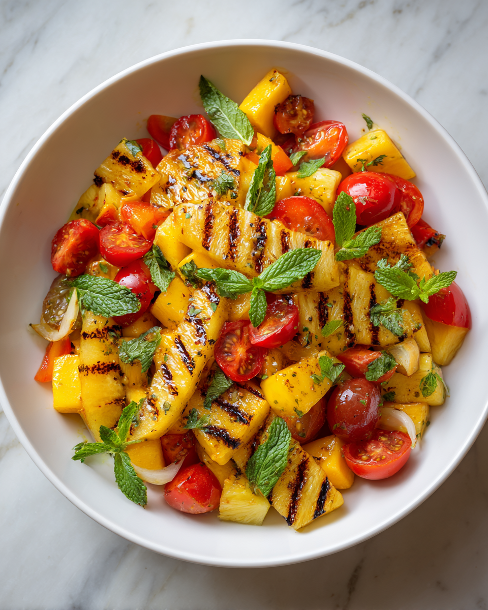 Savoureuse Salade de Mangue et Ananas Grillés pour l'Été Salade de mangue et ananas grillés, plat estival frais et coloré, parfait pour les barbecues d'été