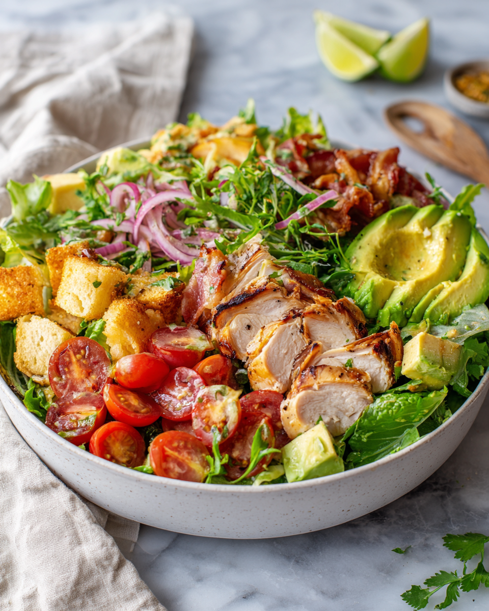 Savourez une délicieuse salade de poulet grillé au bacon caramélisé Salade de poulet grillé au bacon caramélisé, un plat festif estival rempli de saveurs et de couleurs.