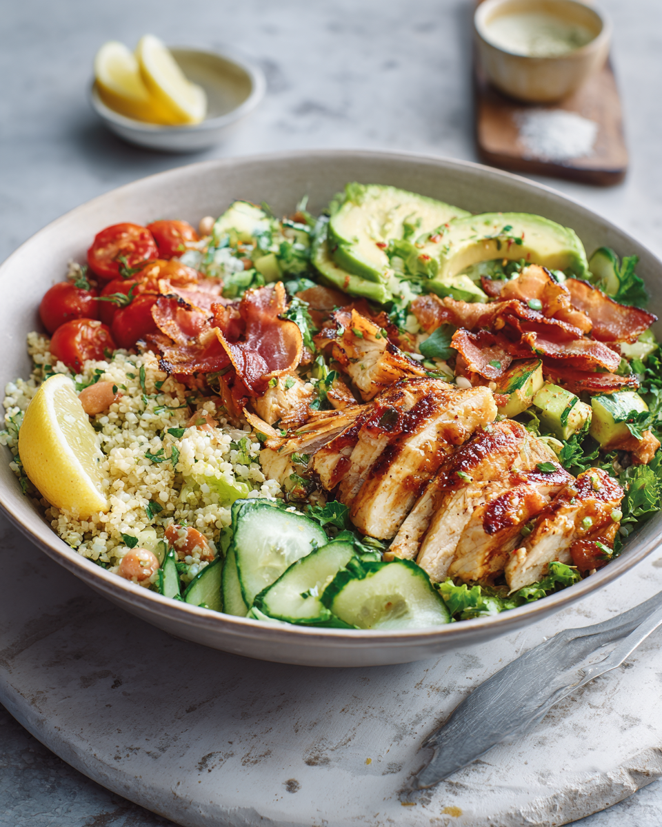Savourez une délicieuse salade de poulet grillé au bacon caramélisé Salade de poulet grillé au bacon caramélisé, un plat festif estival rempli de saveurs et de couleurs.