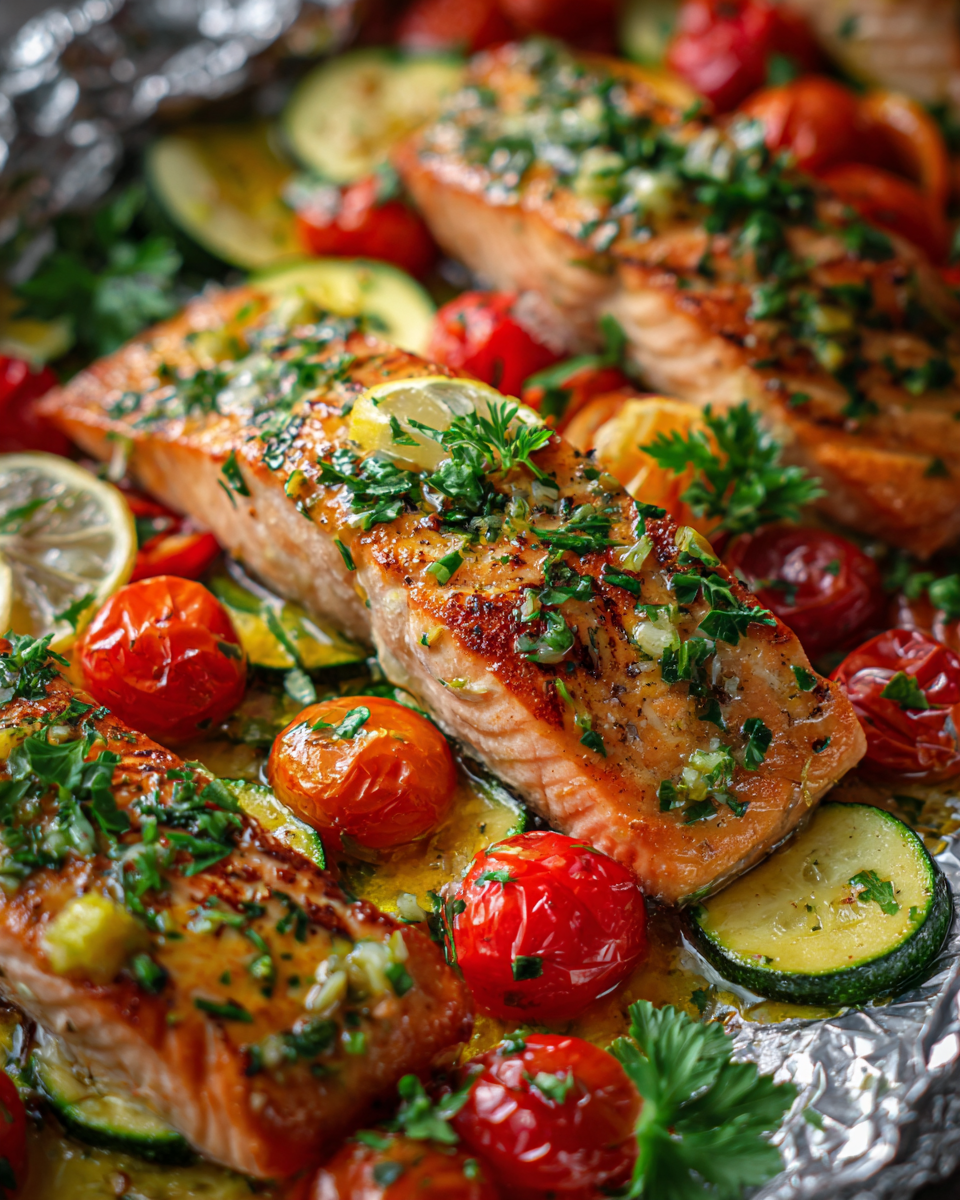Saumon au beurre de citron vert avec légumes d'été, prêt en 30 minutes, parfait pour un repas convivial.