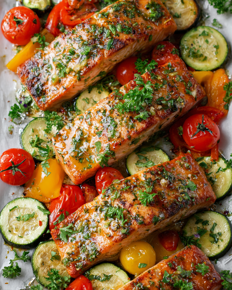 Saumon au beurre de citron vert avec légumes d'été, prêt en 30 minutes, parfait pour un repas convivial.