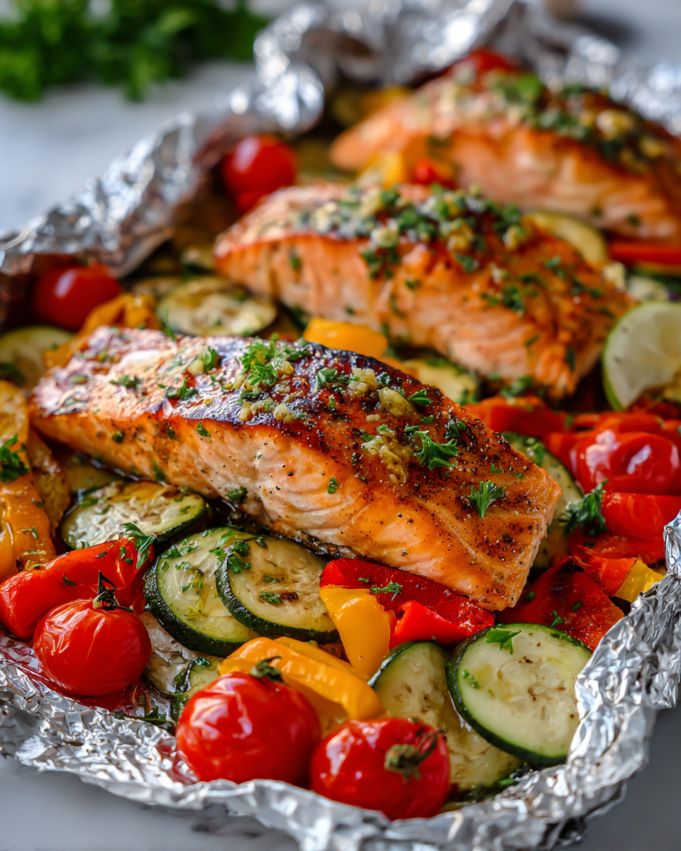 Saumon au beurre de citron vert avec légumes d'été, prêt en 30 minutes, parfait pour un repas convivial.