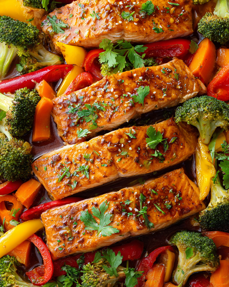 Recette de saumon laqué thaï sur plaque avec légumes rôtis, plat réconfortant et savoureux, parfait pour l'automne.