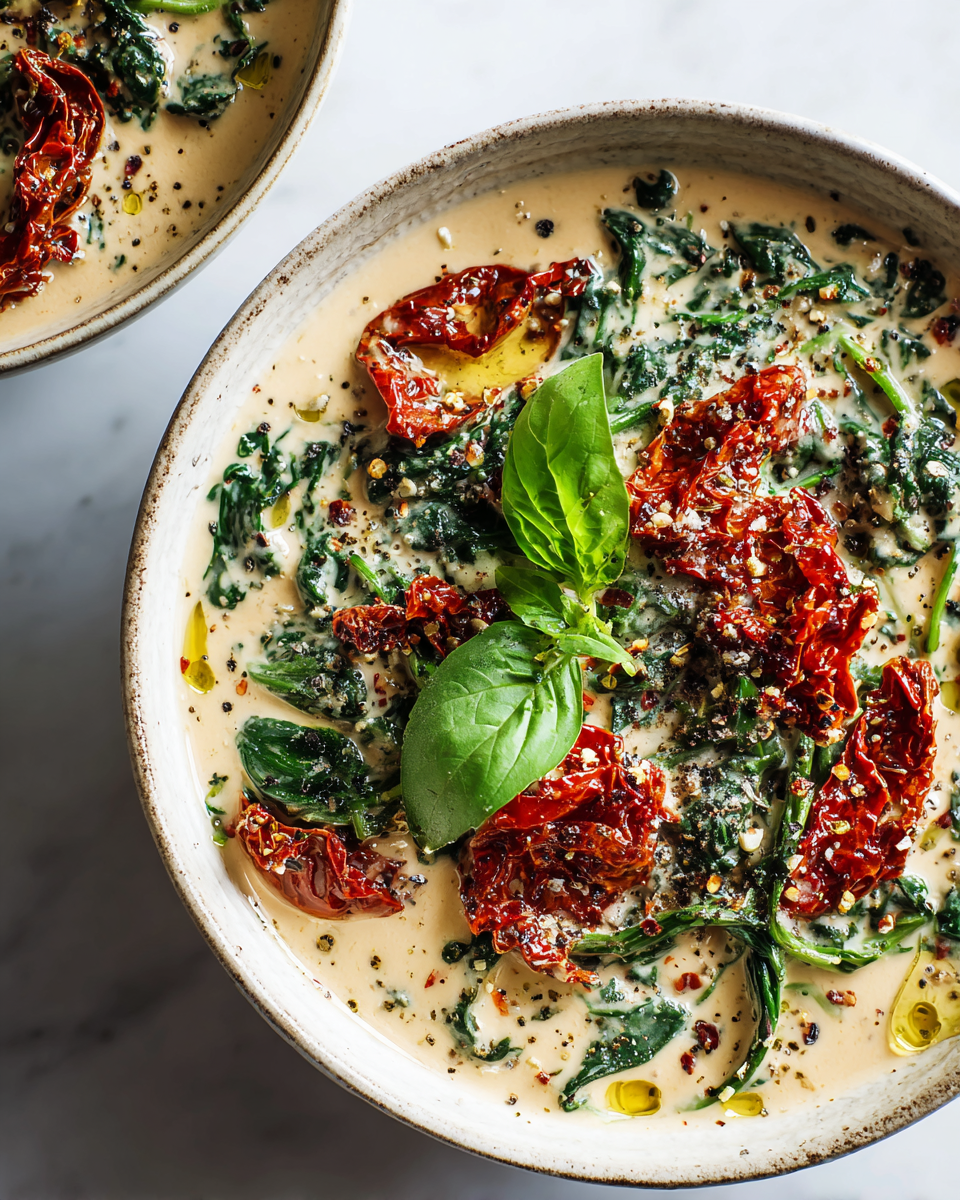 Sauté crémeux aux tomates séchées et épinards Sauté crémeux de tomates séchées et épinards, un plat réconfortant prêt en 30 minutes, parfait pour l'automne.