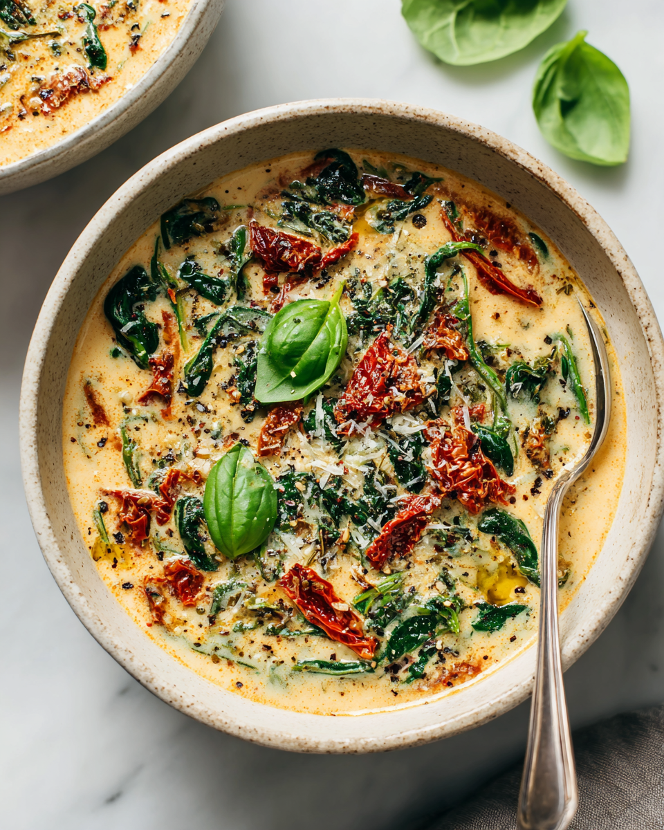 Sauté crémeux aux tomates séchées et épinards Sauté crémeux de tomates séchées et épinards, un plat réconfortant prêt en 30 minutes, parfait pour l'automne.