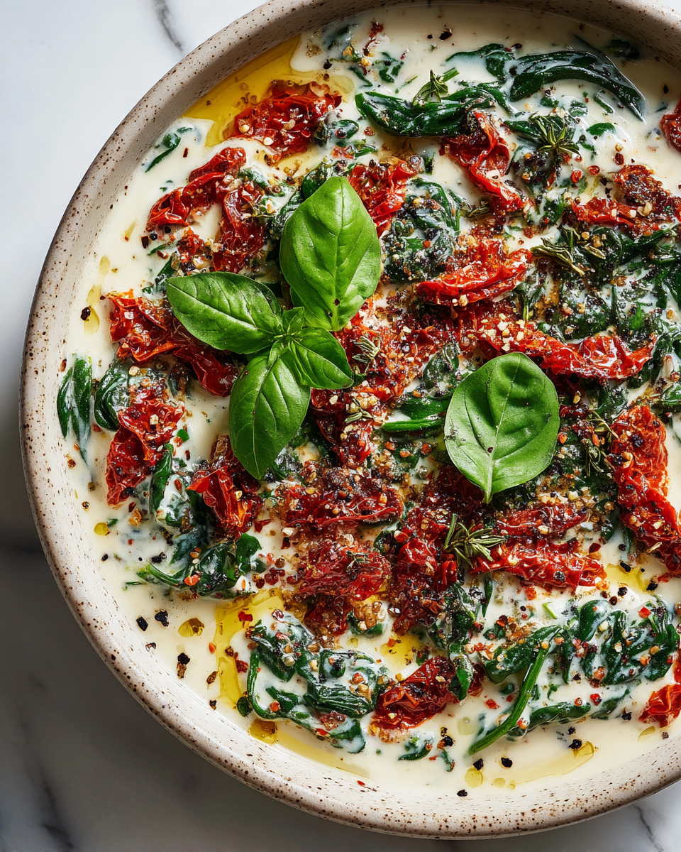 Sauté crémeux aux tomates séchées et épinards Sauté crémeux de tomates séchées et épinards, un plat réconfortant prêt en 30 minutes, parfait pour l'automne.