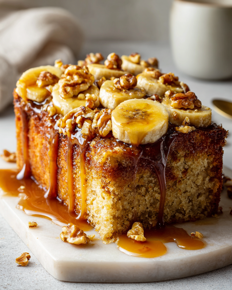 Gâteau Pouding aux Bananes et Noix avec Sauce Toffee, délicieux dessert réconfortant, parfait pour l'automne