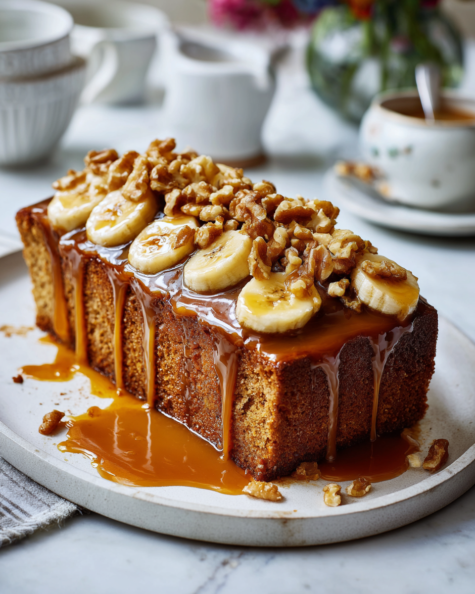 Gâteau Pouding aux Bananes et Noix avec Sauce Toffee, délicieux dessert réconfortant, parfait pour l'automne