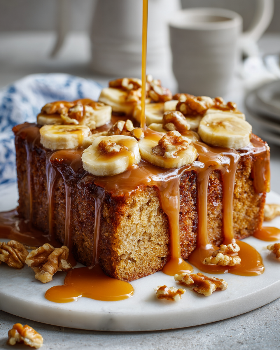 Gâteau Pouding aux Bananes et Noix avec Sauce Toffee, délicieux dessert réconfortant, parfait pour l'automne