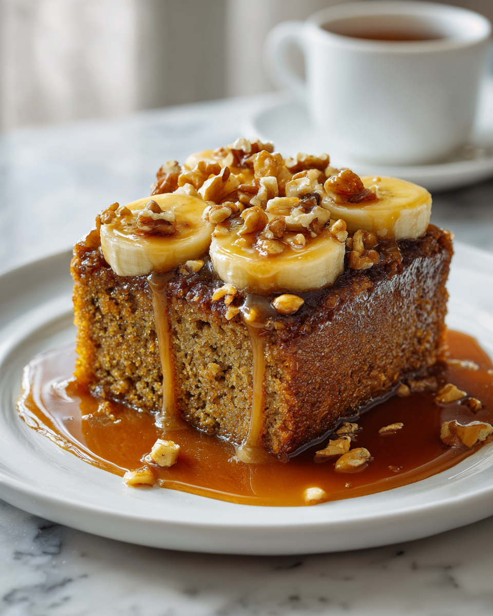 Gâteau Pouding aux Bananes et Noix avec Sauce Toffee, délicieux dessert réconfortant, parfait pour l'automne