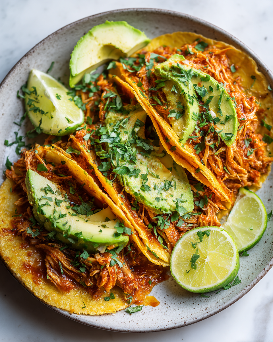 Un plat délicieux de tacos au poulet tinga, garnis d'avocat et de coriandre, parfaits pour un dîner convivial.