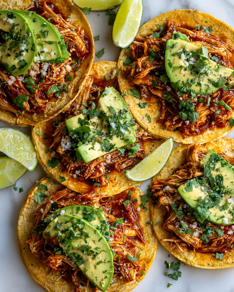 Un plat délicieux de tacos au poulet tinga, garnis d'avocat et de coriandre, parfaits pour un dîner convivial.