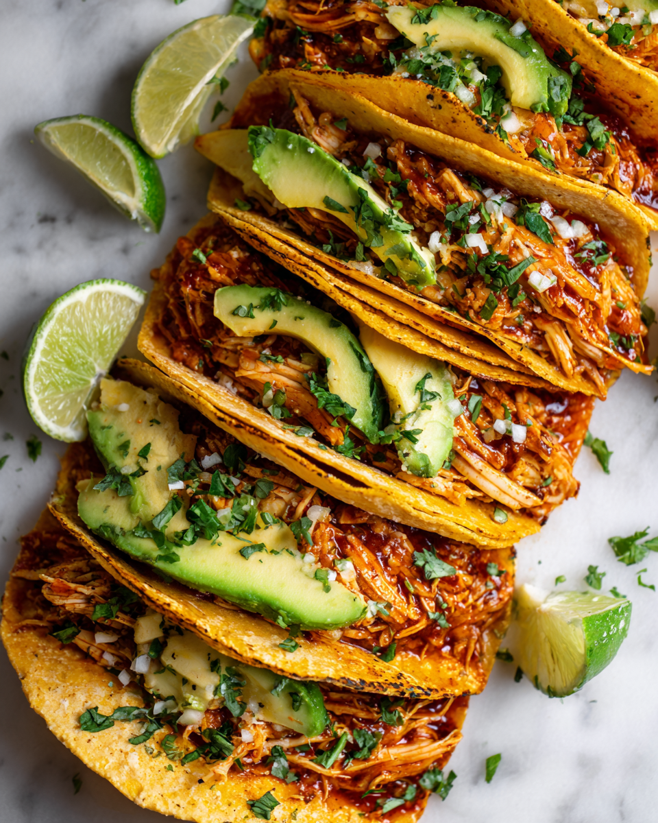 Un plat délicieux de tacos au poulet tinga, garnis d'avocat et de coriandre, parfaits pour un dîner convivial.