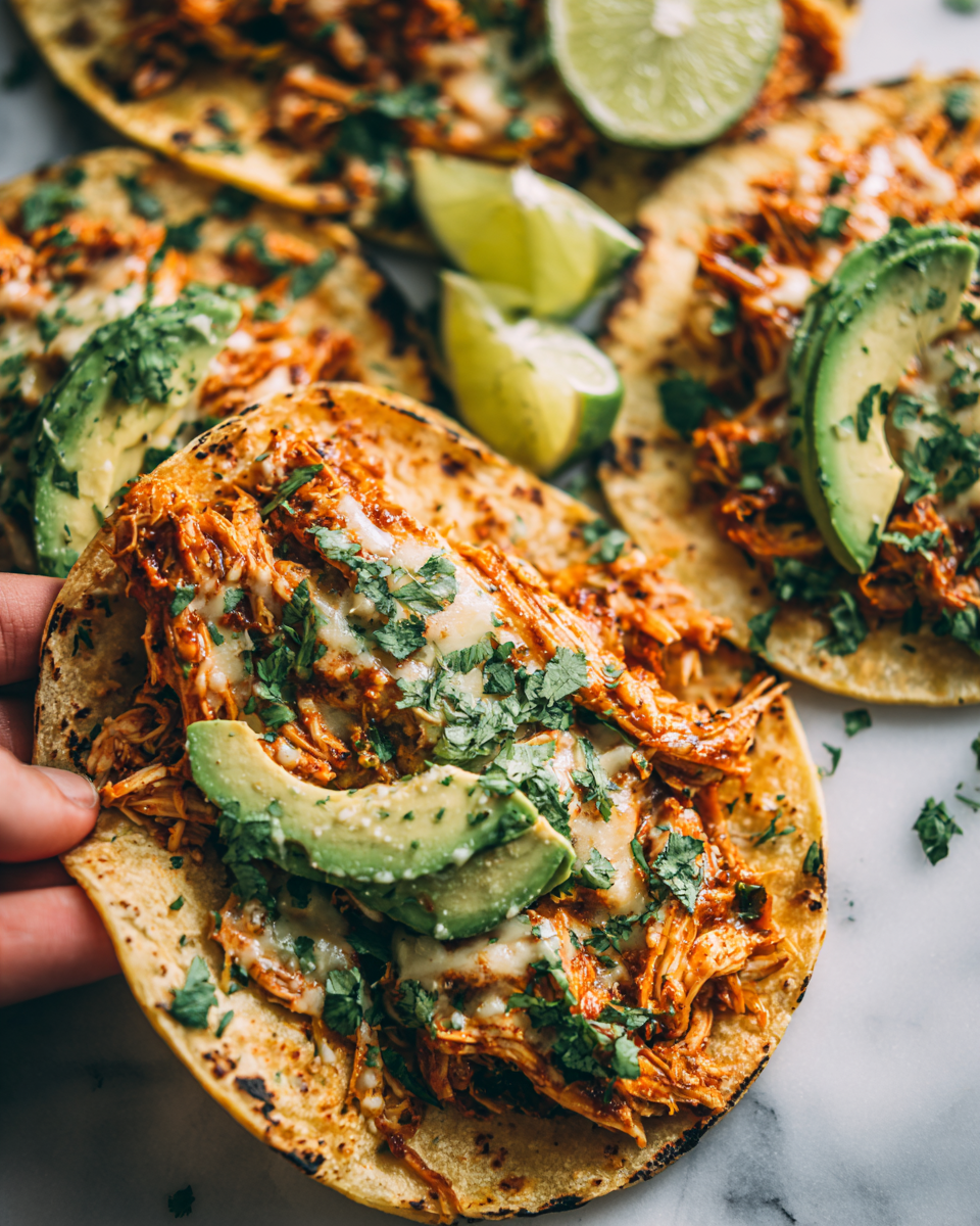 Un plat délicieux de tacos au poulet tinga, garnis d'avocat et de coriandre, parfaits pour un dîner convivial.