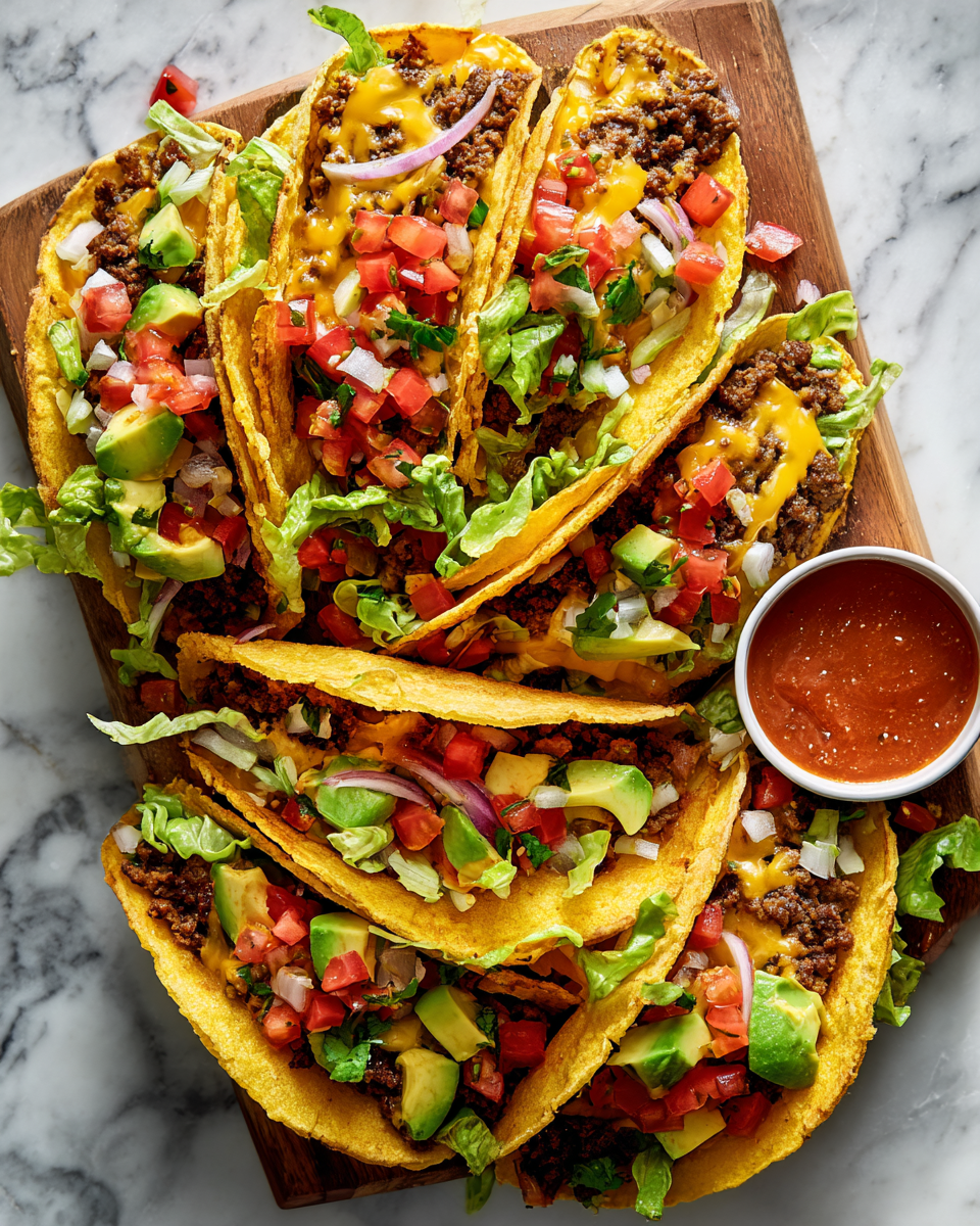 Tacos de smash burger garnis de viande hachée, avocat, oignons et fromage, idéaux pour un repas festif.