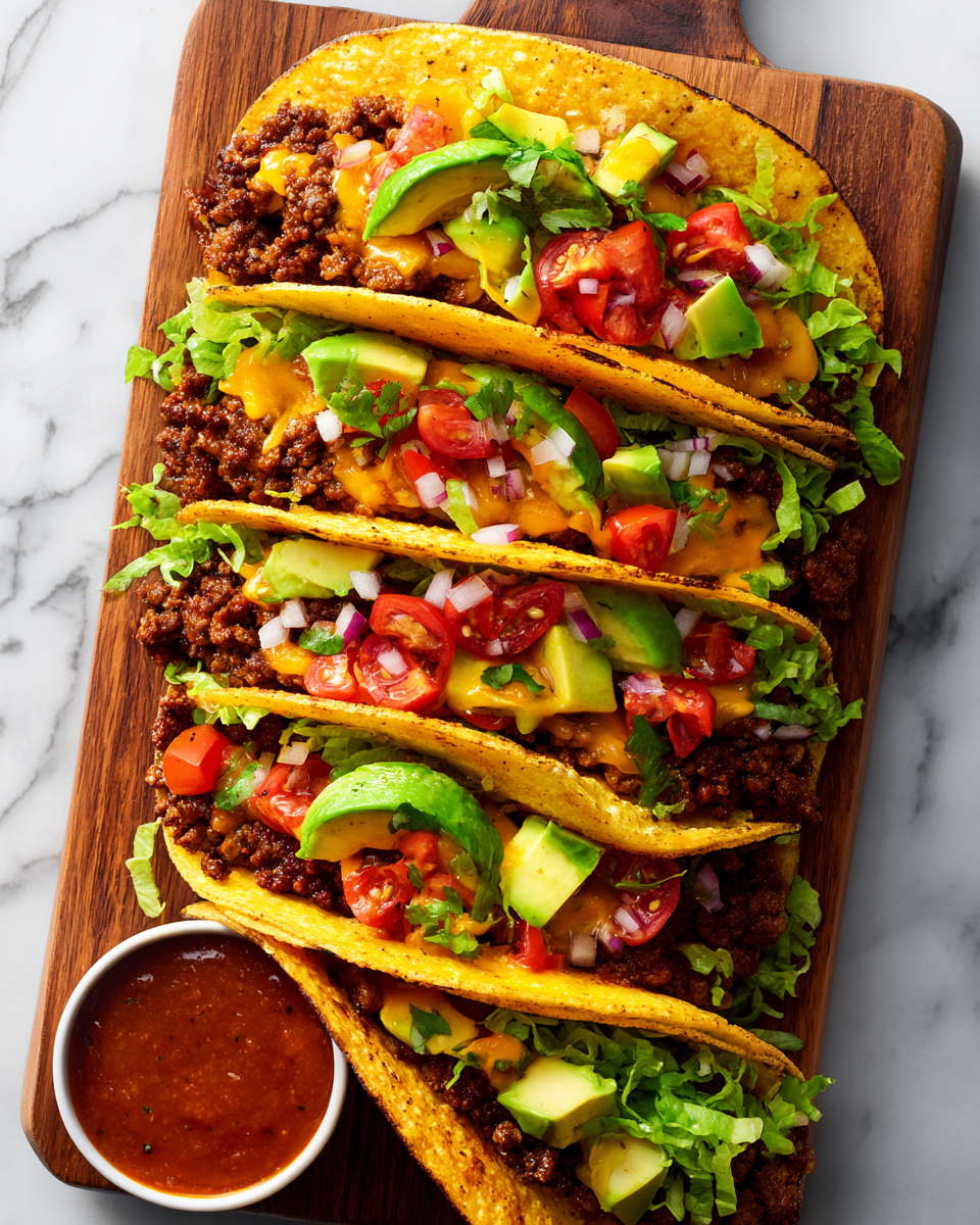 Tacos de smash burger garnis de viande hachée, avocat, oignons et fromage, idéaux pour un repas festif.