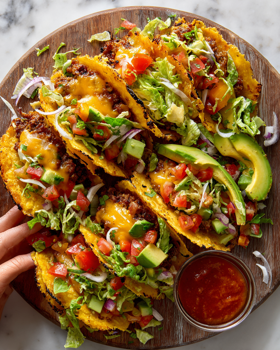 Tacos de smash burger garnis de viande hachée, avocat, oignons et fromage, idéaux pour un repas festif.