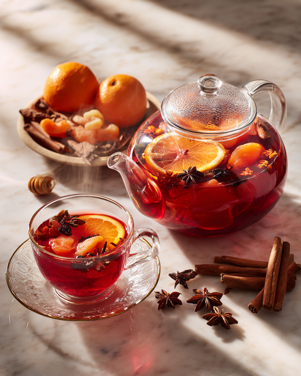 Tisane aux fruits de Noël, boisson réconfortante pour les fêtes, infusée avec des épices et des fruits secs.