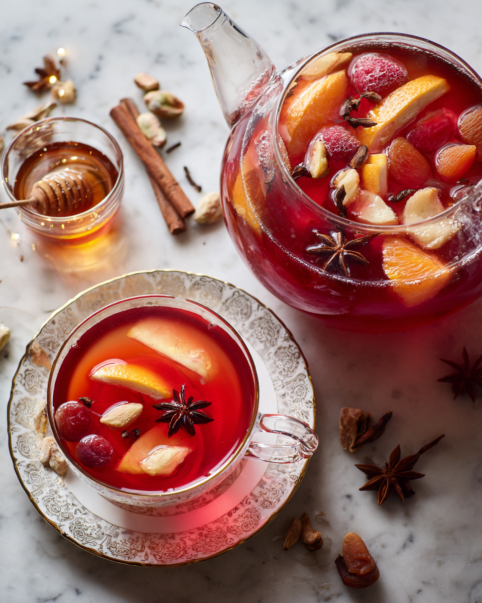 Tisane aux fruits de Noël, boisson réconfortante pour les fêtes, infusée avec des épices et des fruits secs.