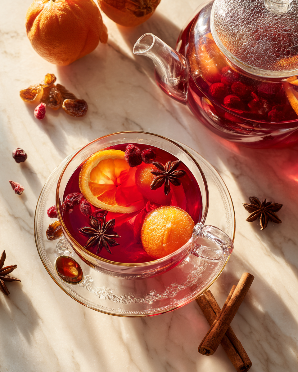 Tisane aux fruits de Noël, boisson réconfortante pour les fêtes, infusée avec des épices et des fruits secs.