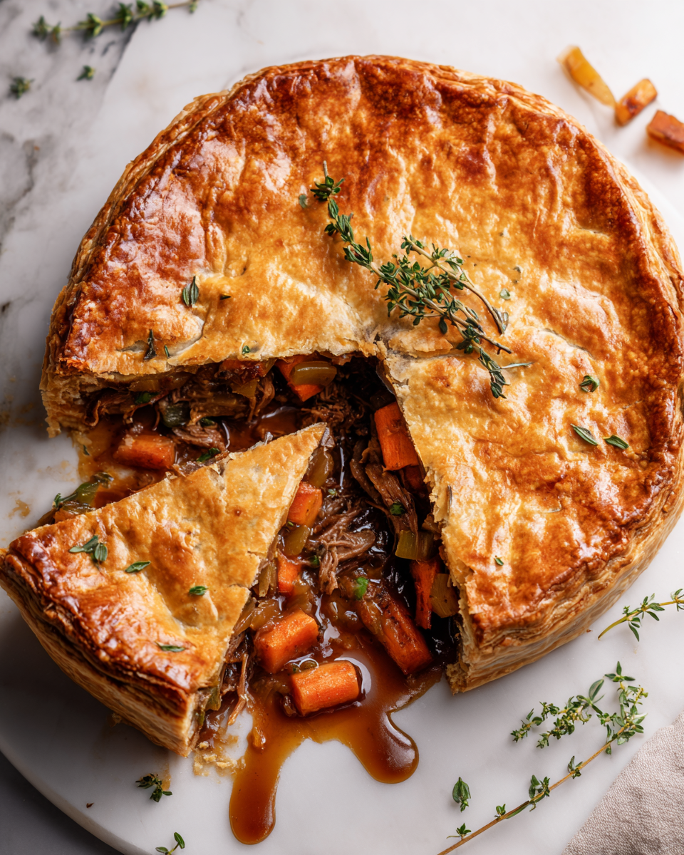Tourte d'agneau mijotée, un plat réconfortant pour les soirées d'automne, savoureux et facile à préparer.