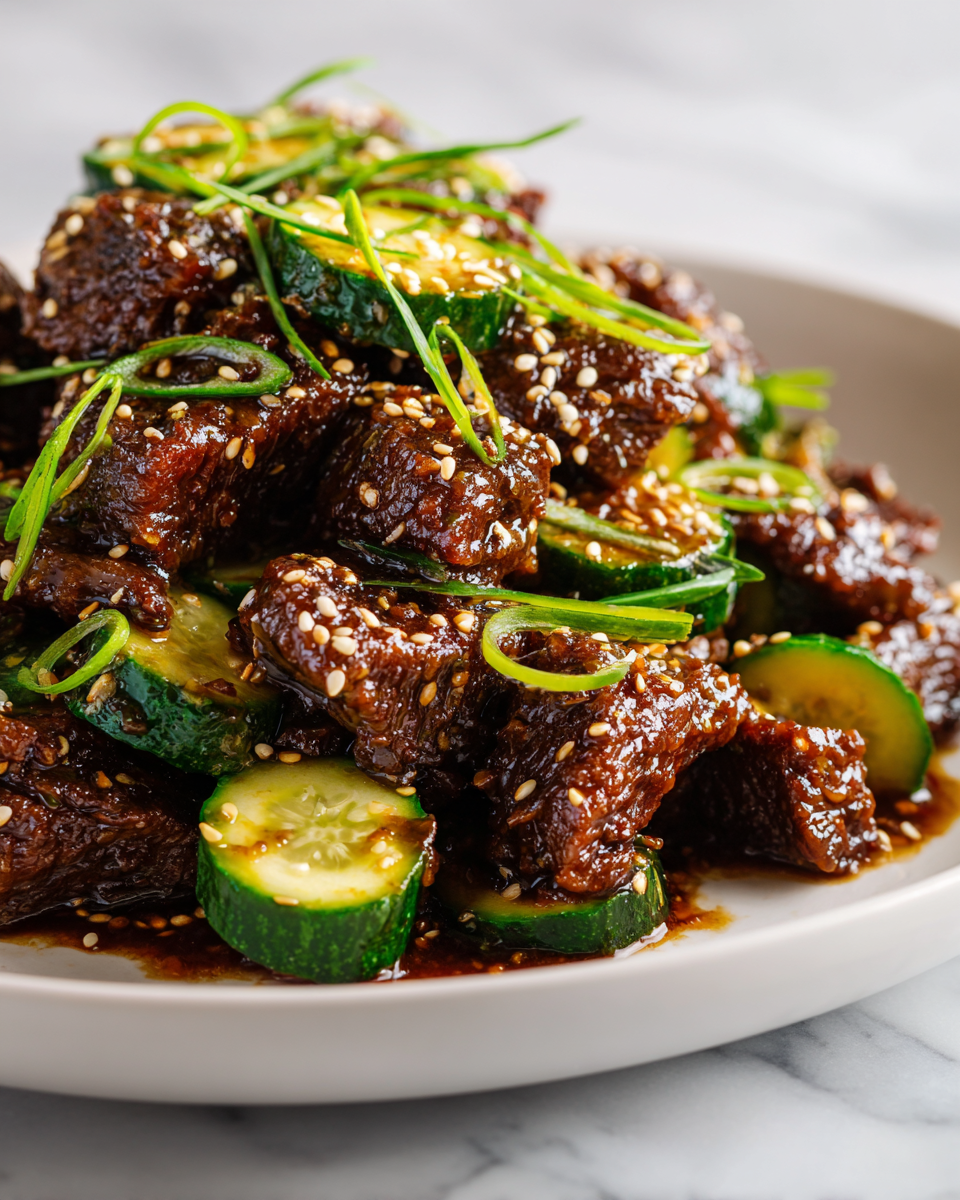Savourez un Bœuf Sésame Croustillant avec Concombre Boeuf sésame croustillant garni de concombre croquant, parfait pour un dîner réconfortant.