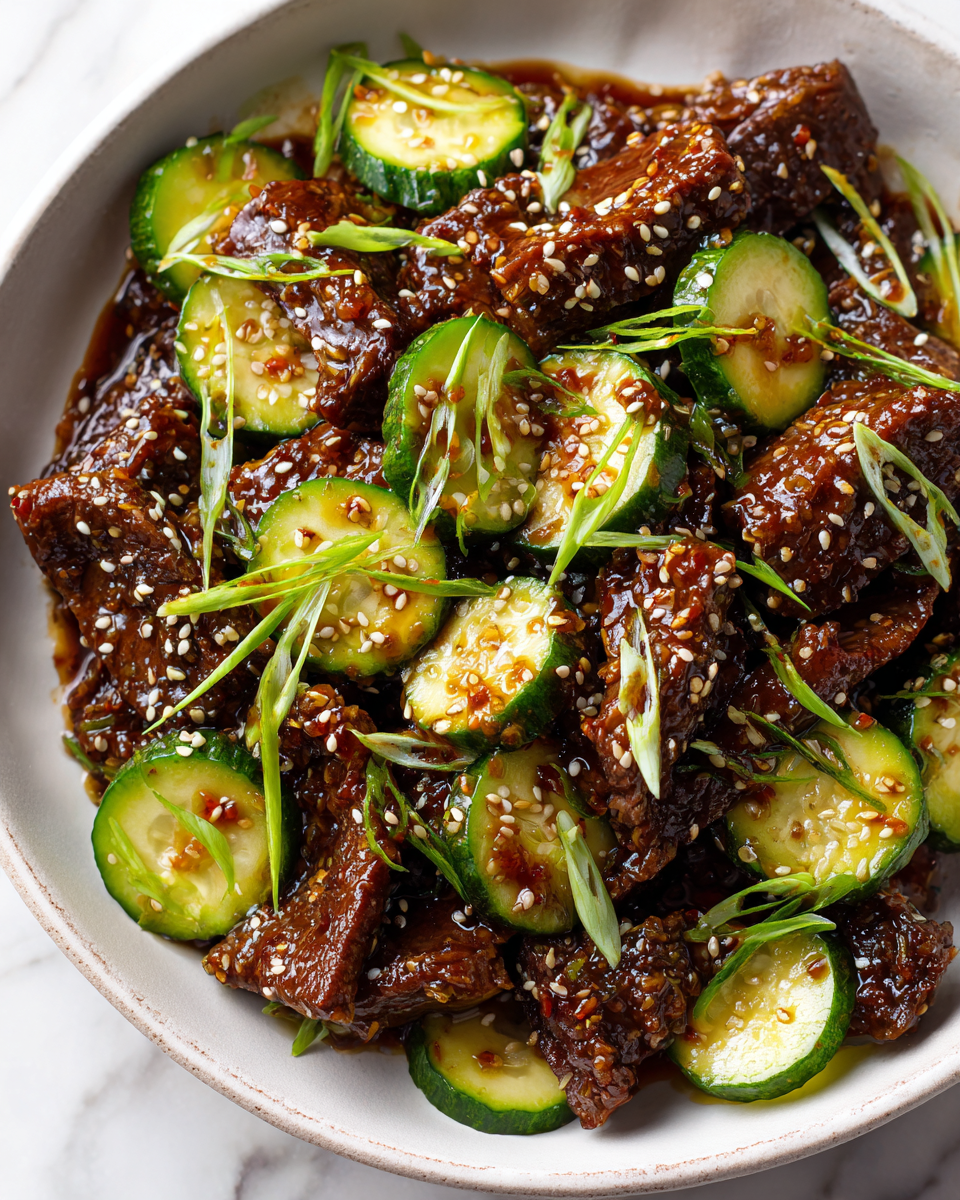 Savourez un Bœuf Sésame Croustillant avec Concombre Boeuf sésame croustillant garni de concombre croquant, parfait pour un dîner réconfortant.
