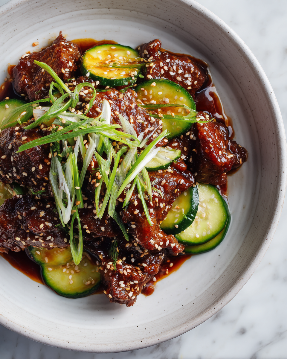 Savourez un Bœuf Sésame Croustillant avec Concombre Boeuf sésame croustillant garni de concombre croquant, parfait pour un dîner réconfortant.