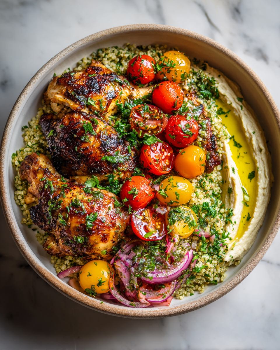 Savourez un Délicieux Bol Méditerranéen au Poulet Bol méditerranéen au poulet avec houmous, ingrédients frais, couleurs vives, recette facile et saine pour le printemps.
