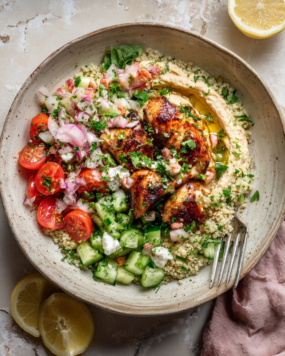 Savourez un Délicieux Bol Méditerranéen au Poulet Bol méditerranéen au poulet avec houmous, ingrédients frais, couleurs vives, recette facile et saine pour le printemps.