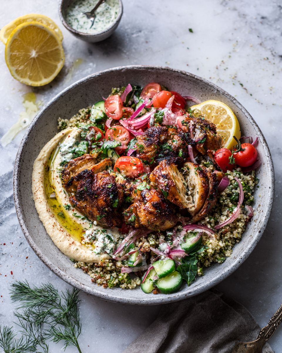 Savourez un Délicieux Bol Méditerranéen au Poulet Bol méditerranéen au poulet avec houmous, ingrédients frais, couleurs vives, recette facile et saine pour le printemps.