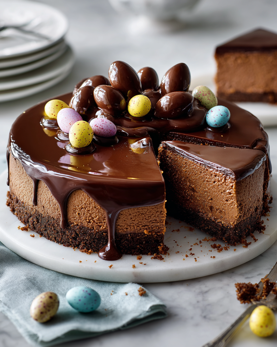 Cheesecake double chocolat avec œufs de Pâques, dessert crémeux et festif, parfait pour célébrer Pâques.