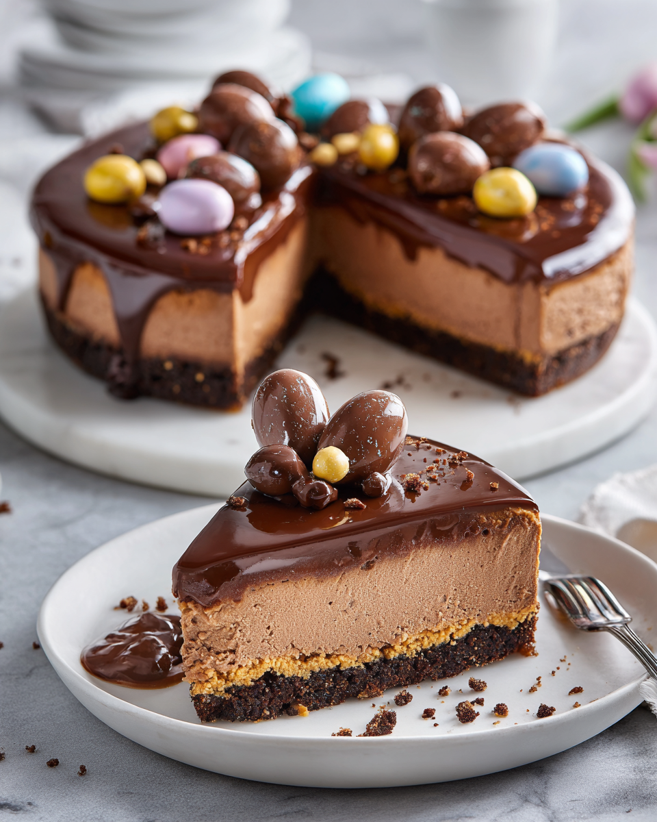 Cheesecake double chocolat avec œufs de Pâques, dessert crémeux et festif, parfait pour célébrer Pâques.
