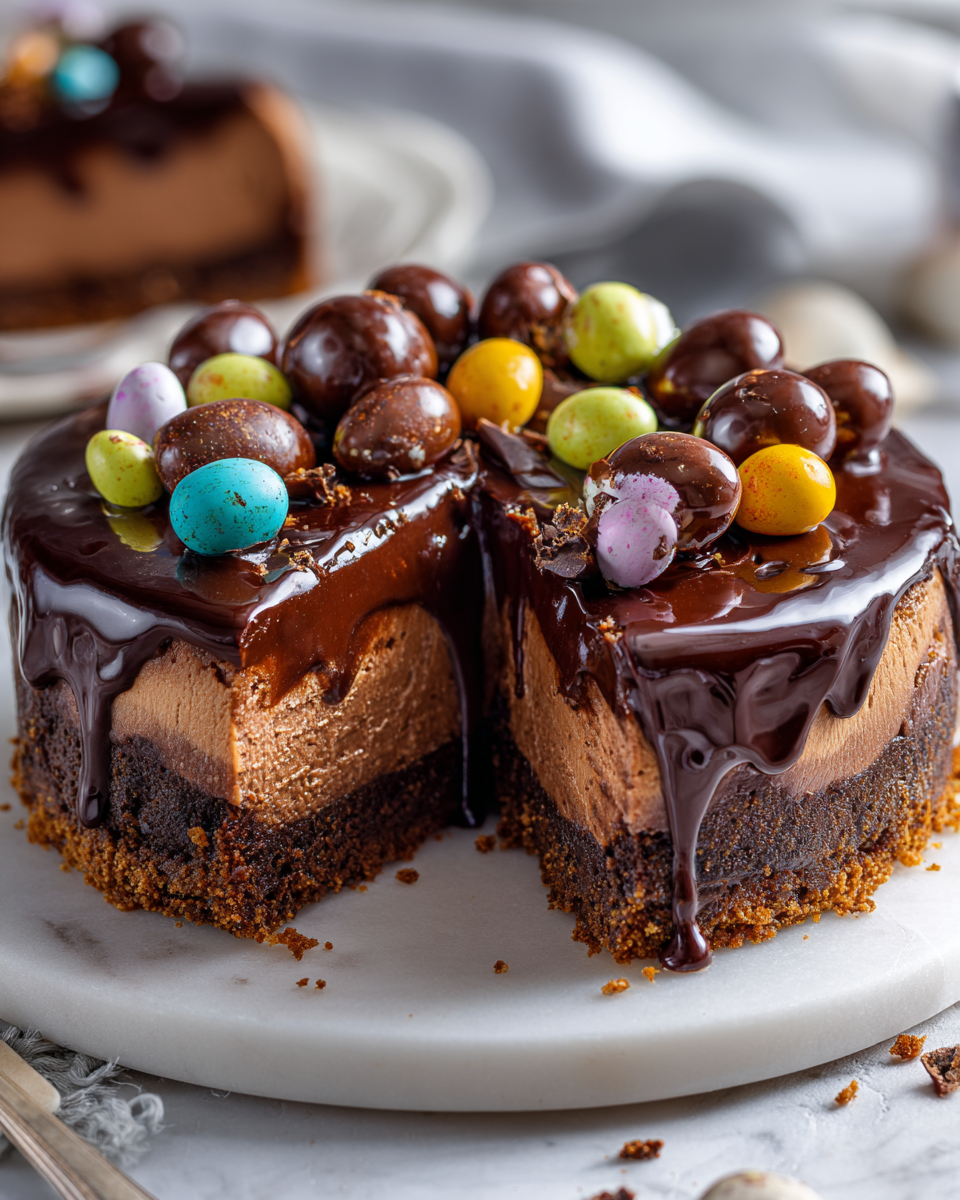 Cheesecake double chocolat avec œufs de Pâques, dessert crémeux et festif, parfait pour célébrer Pâques.
