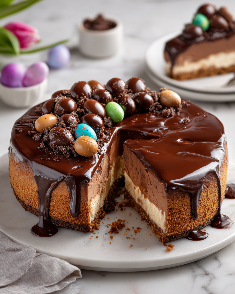 Cheesecake double chocolat avec œufs de Pâques, dessert crémeux et festif, parfait pour célébrer Pâques.