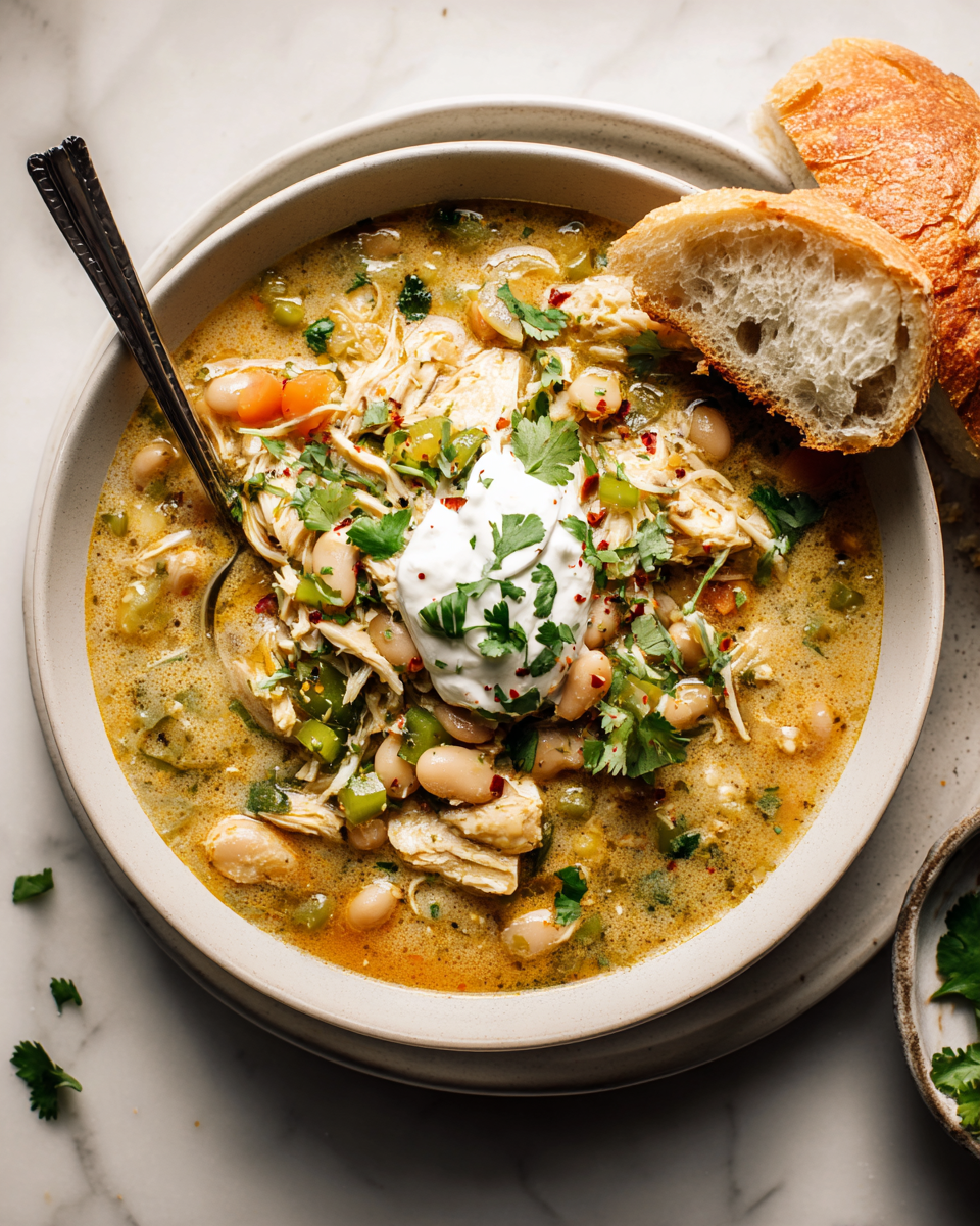 Chili blanc au poulet savoureux, parfait pour l'automne, avec des haricots blancs et des épices chaleureux.