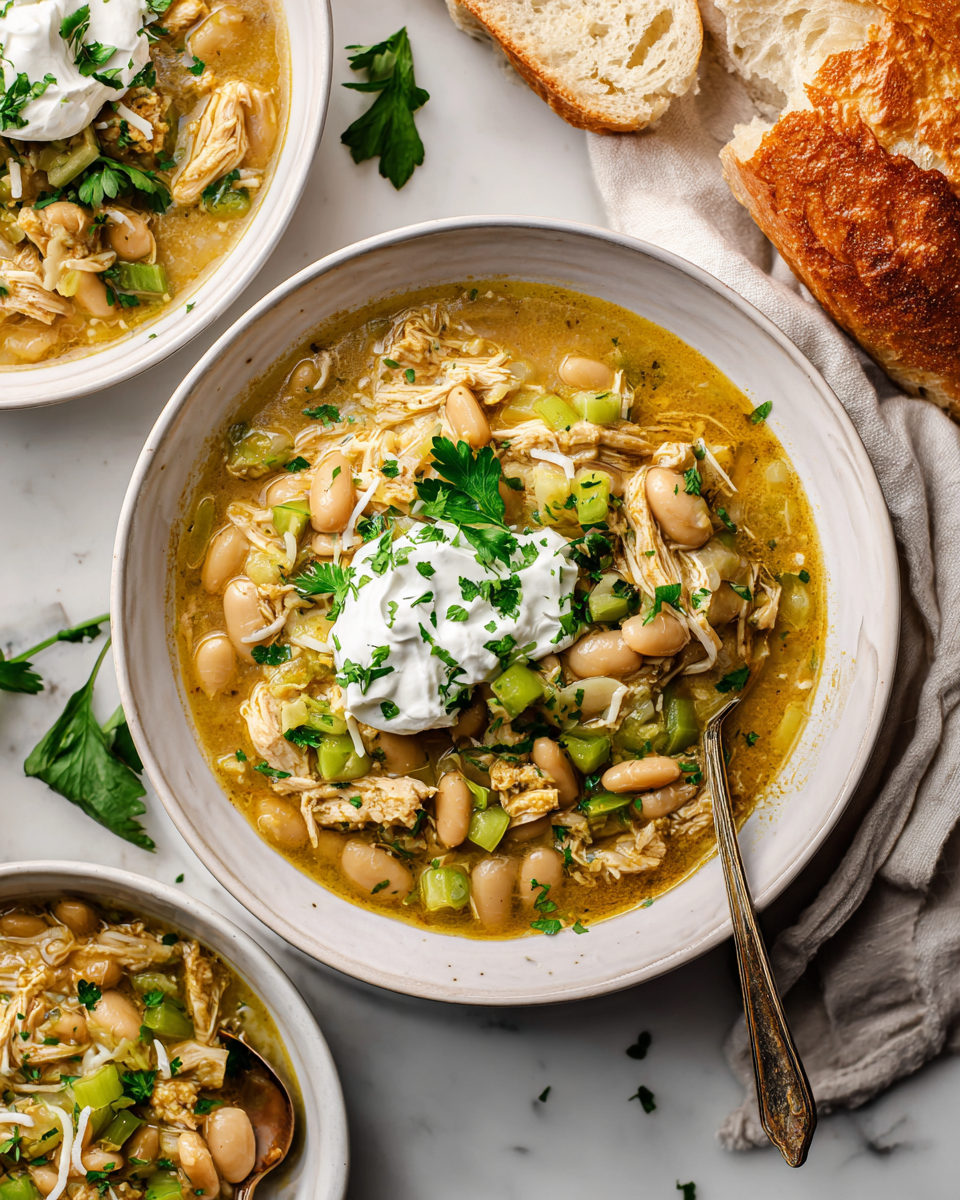Chili blanc au poulet savoureux, parfait pour l'automne, avec des haricots blancs et des épices chaleureux.