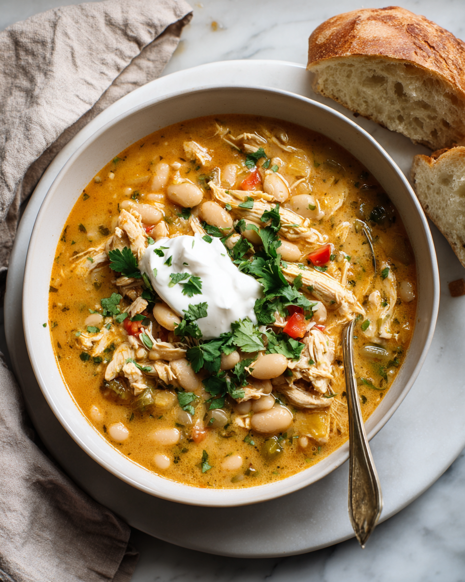 Chili blanc au poulet savoureux, parfait pour l'automne, avec des haricots blancs et des épices chaleureux.