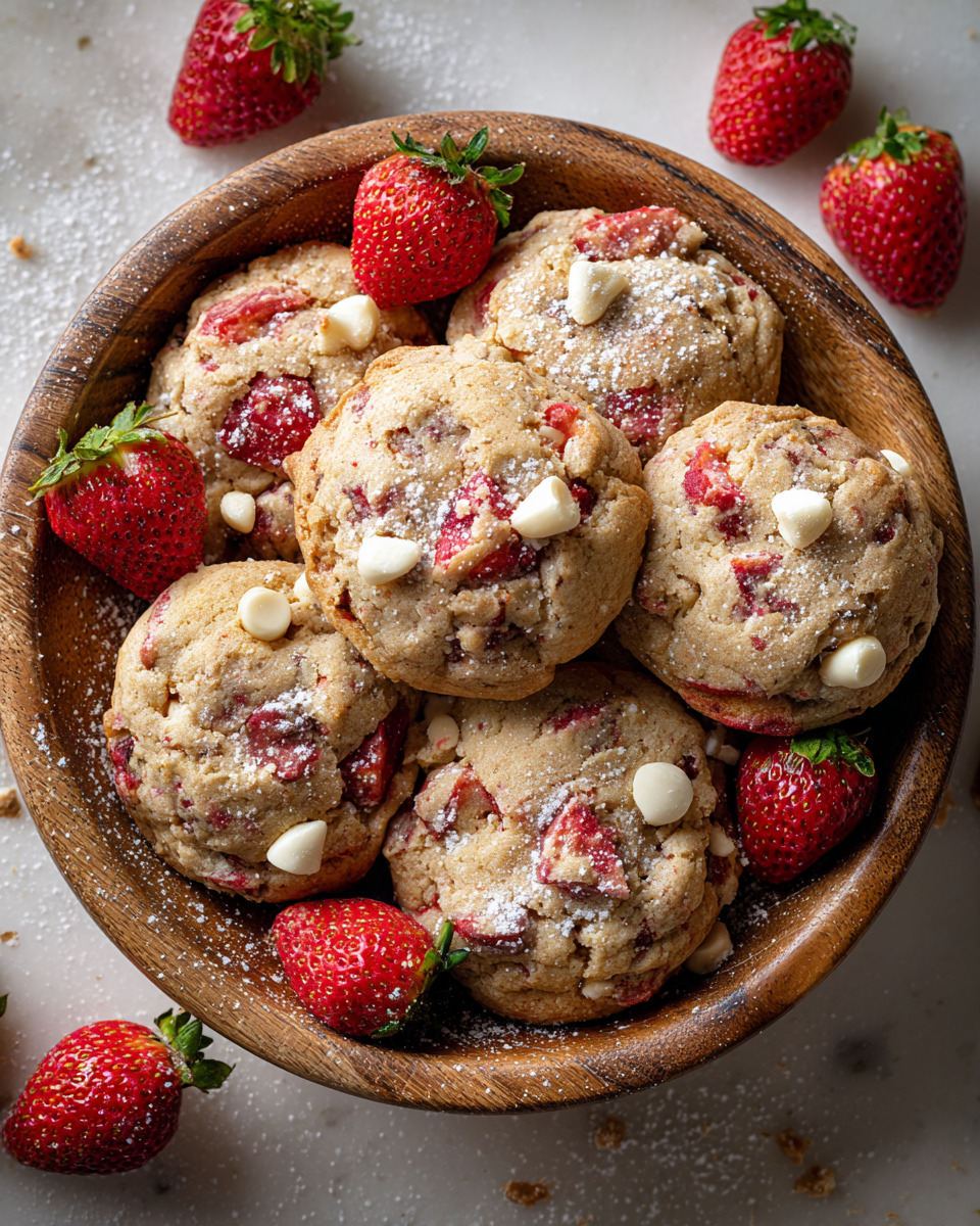 Cookies aux Fraises et Chocolat Blanc : Un Délice Printanier Délicieux cookies aux fraises et chocolat blanc, parfaits pour le printemps et les fêtes, avec une texture moelleuse et un goût sucré.