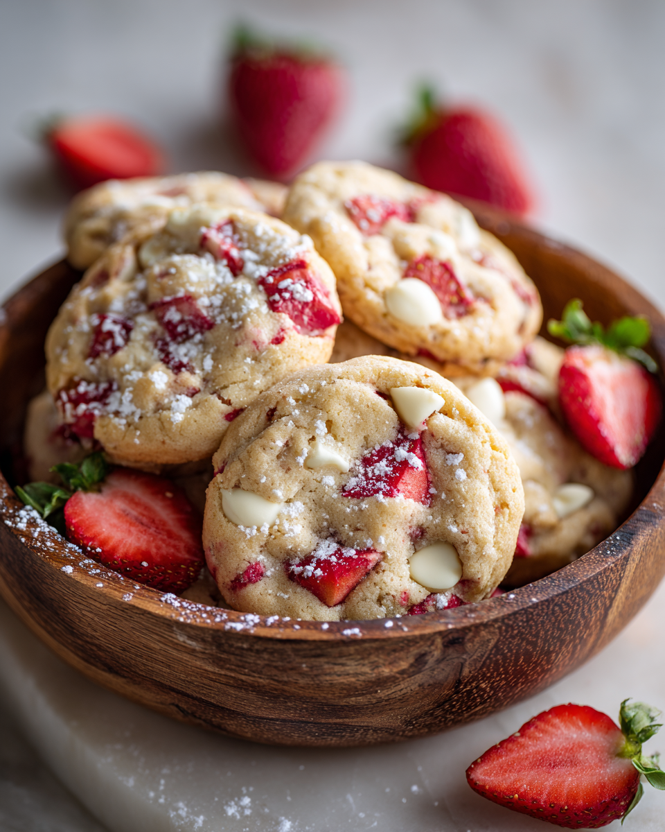 Cookies aux Fraises et Chocolat Blanc : Un Délice Printanier Délicieux cookies aux fraises et chocolat blanc, parfaits pour le printemps et les fêtes, avec une texture moelleuse et un goût sucré.