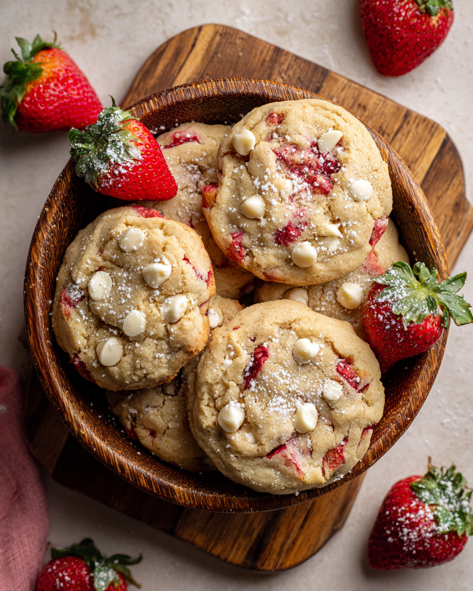 Cookies aux Fraises et Chocolat Blanc : Un Délice Printanier Délicieux cookies aux fraises et chocolat blanc, parfaits pour le printemps et les fêtes, avec une texture moelleuse et un goût sucré.