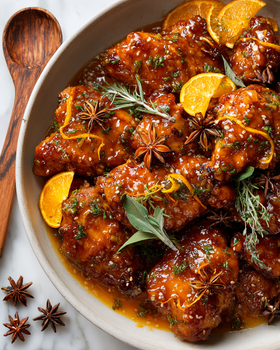Poulet juteux à l'orange avec saveurs sucrées et acidulées