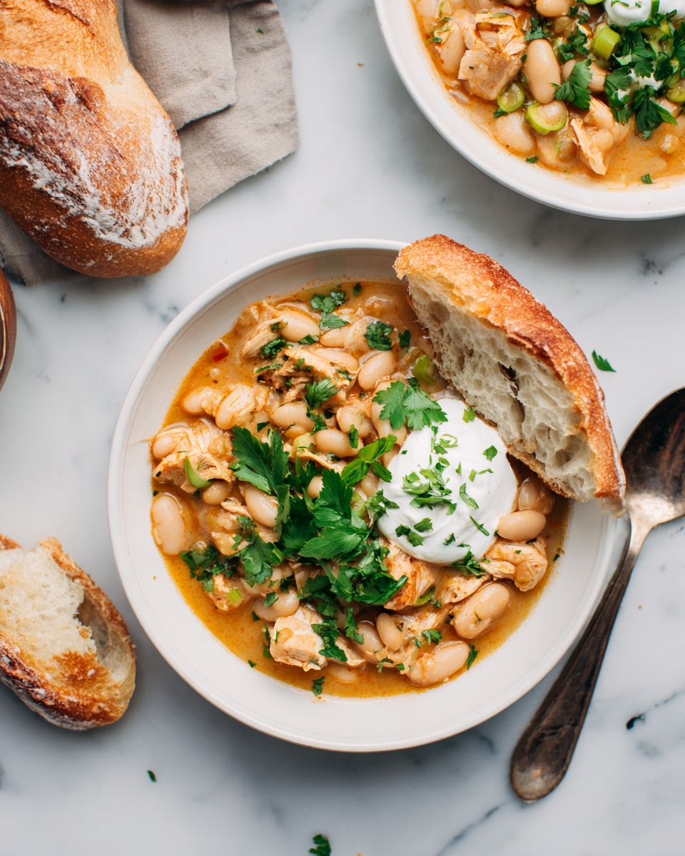 Chili blanc au poulet savoureux, parfait pour l'automne, avec des haricots blancs et des épices chaleureux.
