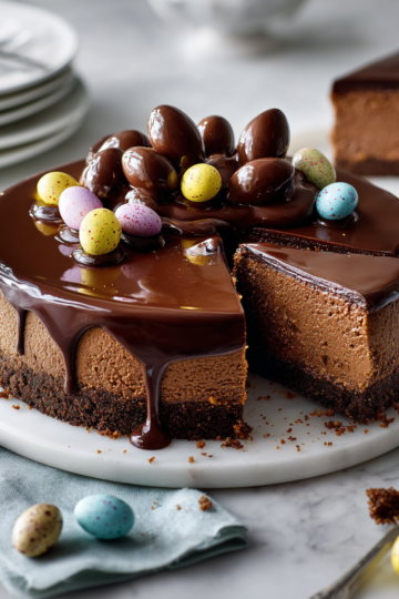 Cheesecake double chocolat avec œufs de Pâques, dessert crémeux et festif, parfait pour célébrer Pâques.