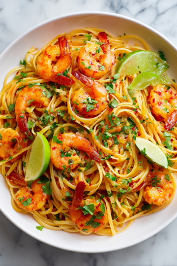 Linguine aux crevettes sriracha et lime, prêt en 20 minutes, avec une texture délicieuse et des saveurs vibrantes.